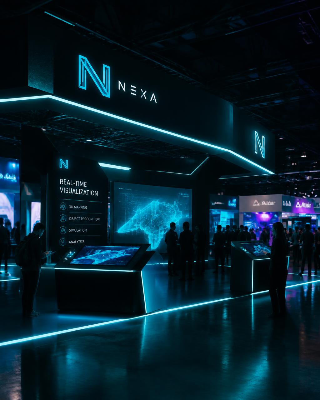 Trade show booth with cyan neon and interactive screens